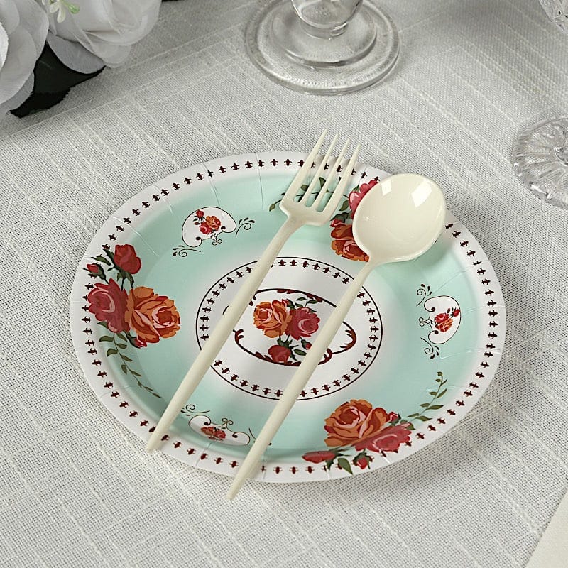 25 Paper Round Plates with Vintage Rose Flower Print