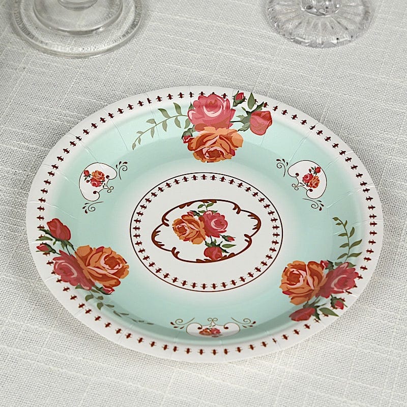 25 Paper Round Plates with Vintage Rose Flower Print