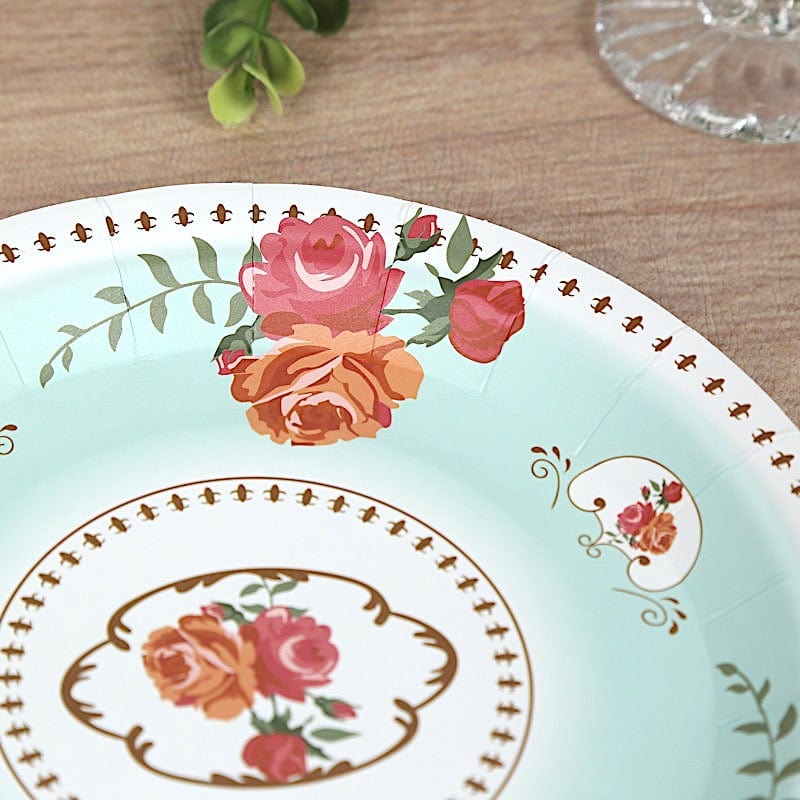 25 Paper Round Plates with Vintage Rose Flower Print