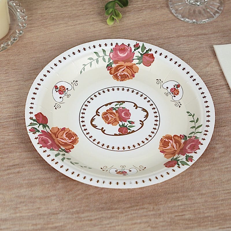 25 Paper Round Plates with Vintage Rose Flower Print
