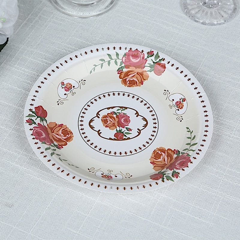 25 Paper Round Plates with Vintage Rose Flower Print