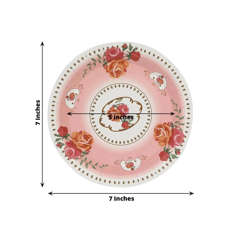 25 Paper Round Plates with Vintage Rose Flower Print
