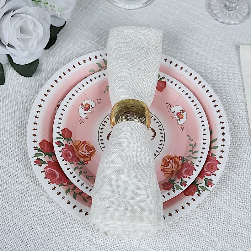 25 Paper Round Plates with Vintage Rose Flower Print