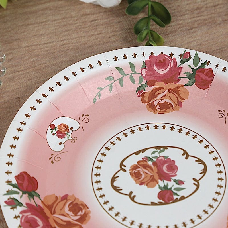 25 Paper Round Plates with Vintage Rose Flower Print