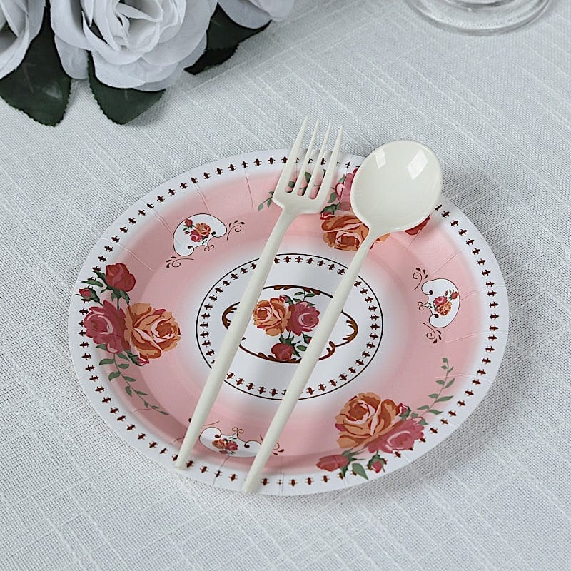 25 Paper Round Plates with Vintage Rose Flower Print