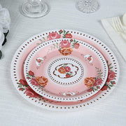 25 Paper Round Plates with Vintage Rose Flower Print