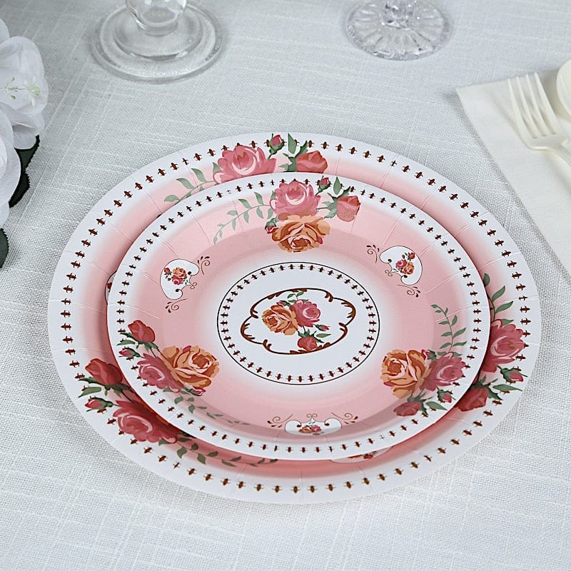 25 Paper Round Plates with Vintage Rose Flower Print