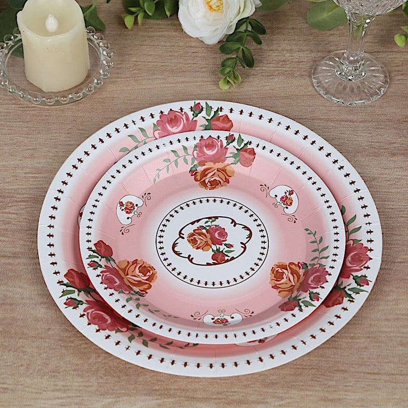 25 Paper Round Plates with Vintage Rose Flower Print