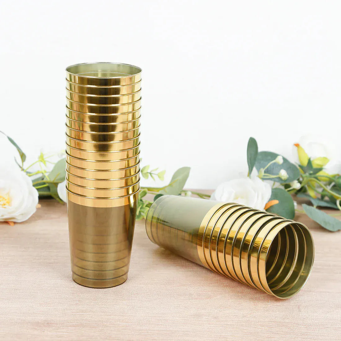 25 pcs 10 oz. Transparent  Plastic Cups Disposable Tableware with Gold Rim - Dusty Sage Green PLST_CU0035_087GD