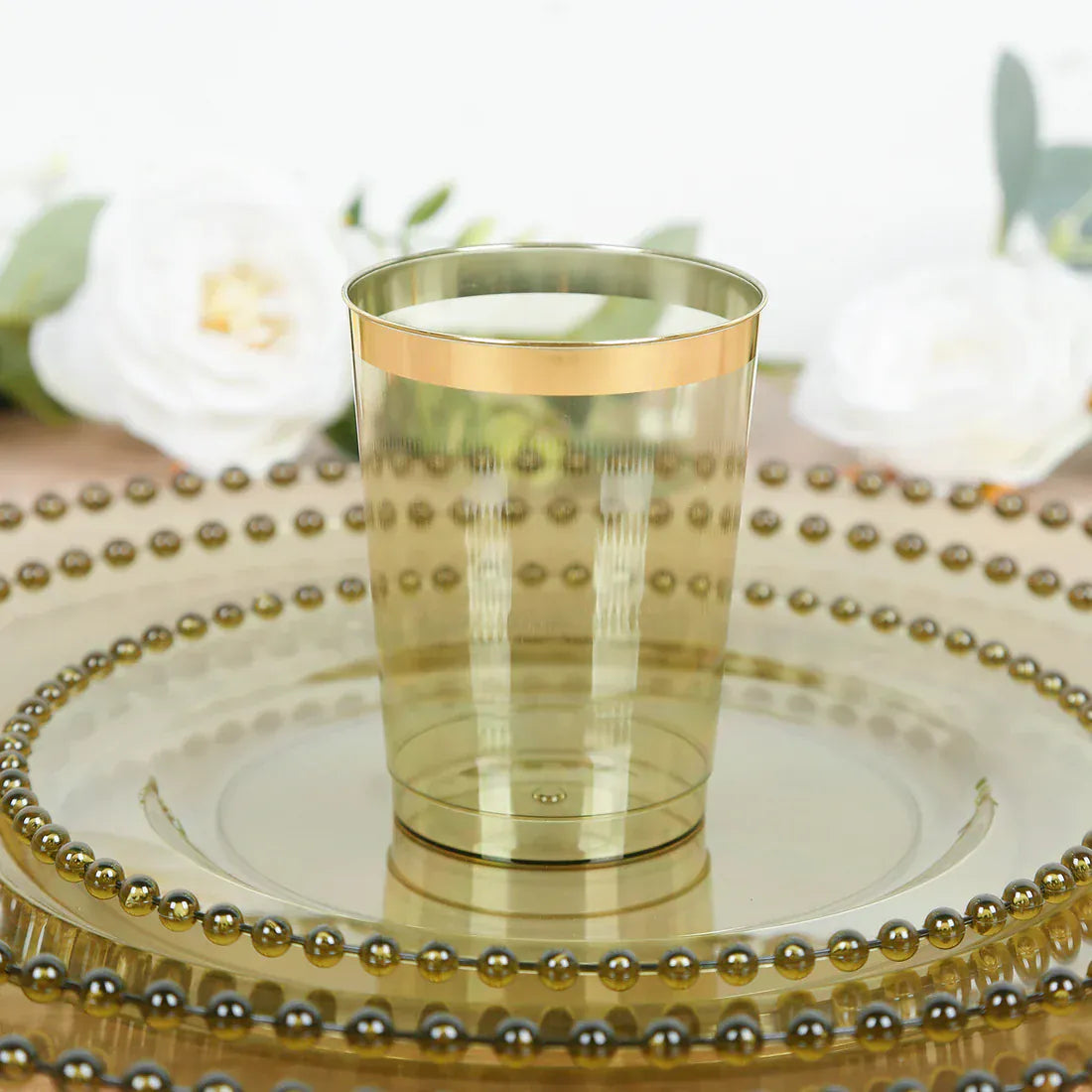 25 pcs 10 oz. Transparent  Plastic Cups Disposable Tableware with Gold Rim - Dusty Sage Green PLST_CU0035_087GD