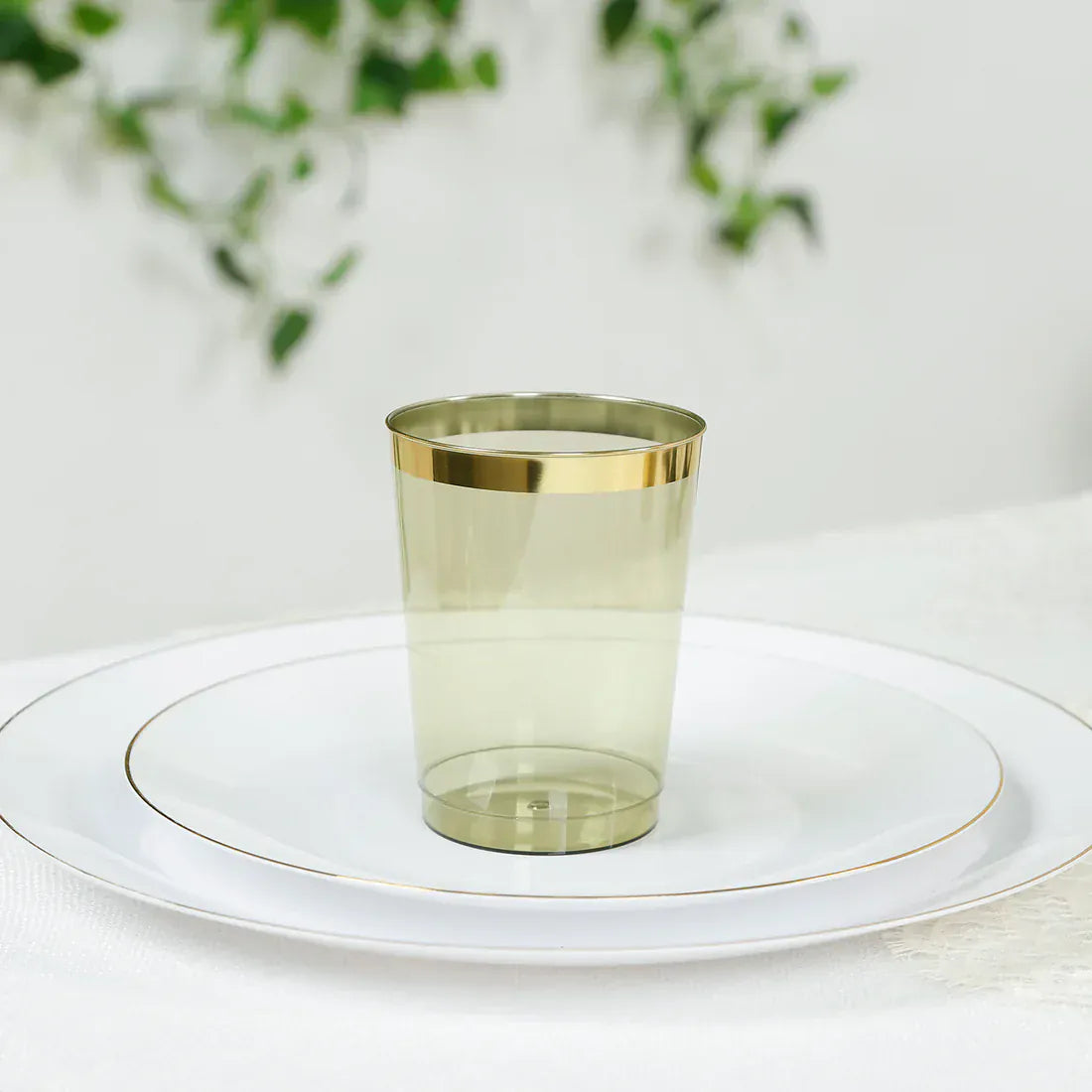25 pcs 10 oz. Transparent  Plastic Cups Disposable Tableware with Gold Rim - Dusty Sage Green PLST_CU0035_087GD