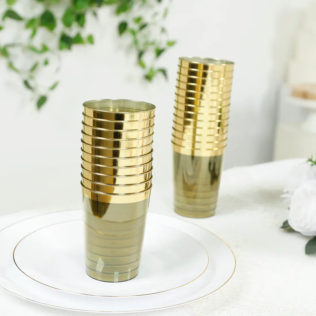 25 pcs 10 oz. Transparent  Plastic Cups Disposable Tableware with Gold Rim - Dusty Sage Green PLST_CU0035_087GD