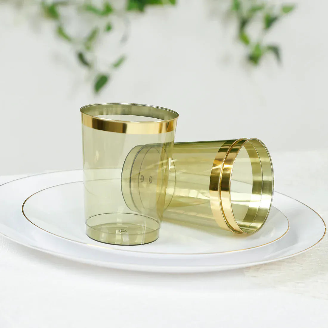 25 pcs 10 oz. Transparent  Plastic Cups Disposable Tableware with Gold Rim - Dusty Sage Green PLST_CU0035_087GD