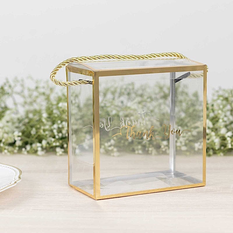 25 PVC Favor Boxes with Rope Handles and Thank You Print - Gold and Clear BAG_PVC06_6X6_CLGD