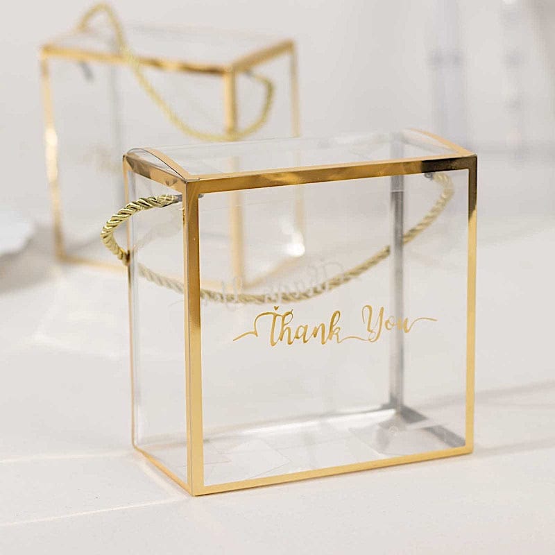 25 PVC Favor Boxes with Rope Handles and Thank You Print - Gold and Clear BAG_PVC06_6X6_CLGD
