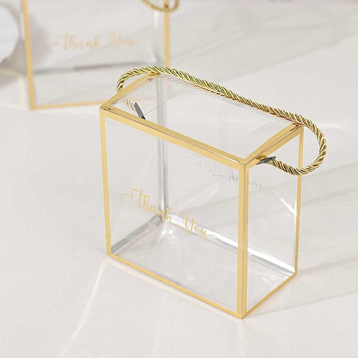 25 PVC Favor Boxes with Rope Handles and Thank You Print - Gold and Clear BAG_PVC06_6X6_CLGD