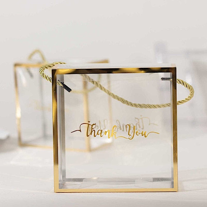 25 PVC Favor Boxes with Rope Handles and Thank You Print - Gold and Clear BAG_PVC06_6X6_CLGD