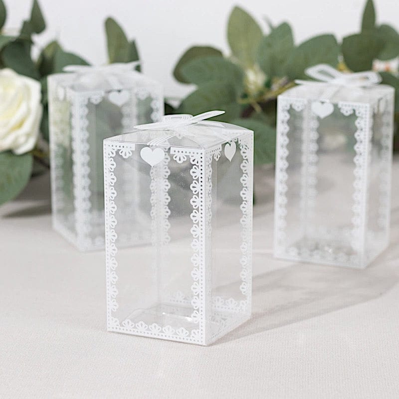 25 Rectangular Favor Boxes with Bowknot and Lace Pattern - Clear and White BOX_2X2X4_CLR