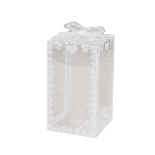 25 Rectangular Favor Boxes with Bowknot and Lace Pattern - Clear and White BOX_2X2X4_CLR