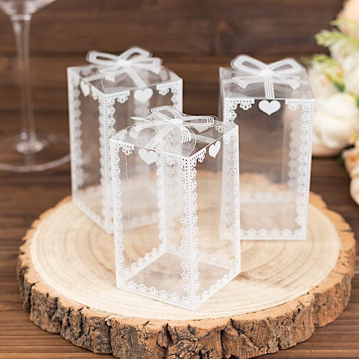 25 Rectangular Favor Boxes with Bowknot and Lace Pattern - Clear and White BOX_2X2X4_CLR
