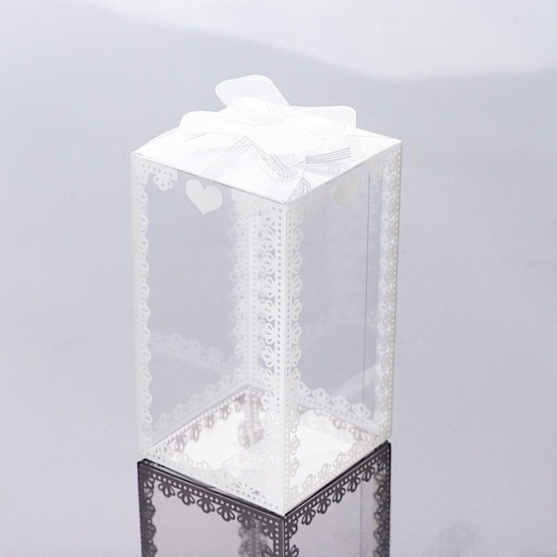 25 Rectangular Favor Boxes with Bowknot and Lace Pattern - Clear and White BOX_2X2X4_CLR