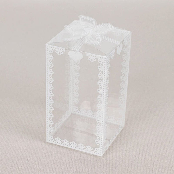 25 Rectangular Favor Boxes with Bowknot and Lace Pattern - Clear and White BOX_2X2X4_CLR