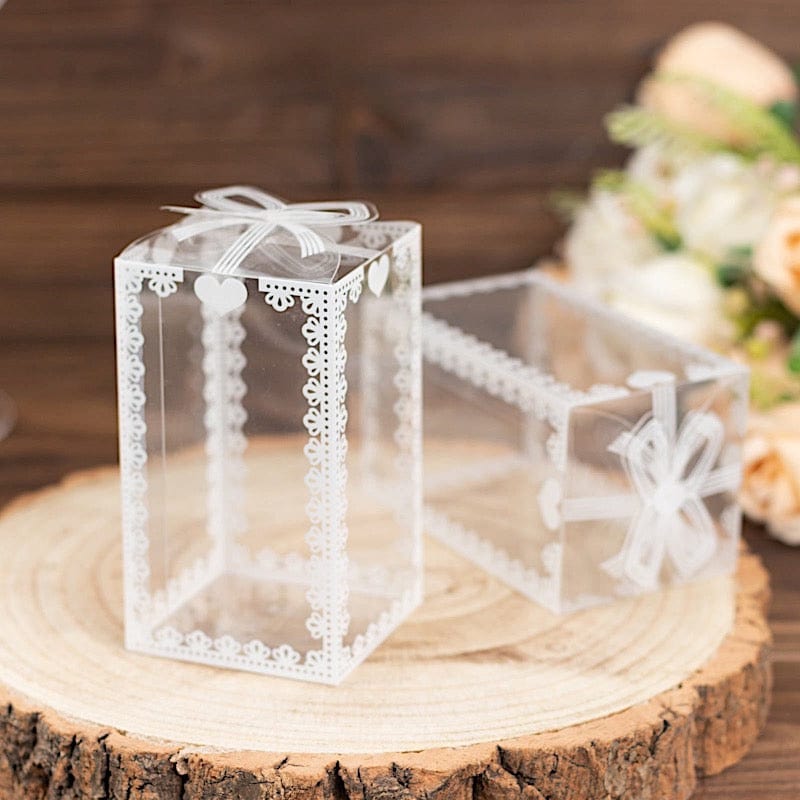 25 Rectangular Favor Boxes with Bowknot and Lace Pattern - Clear and White BOX_2X2X4_CLR