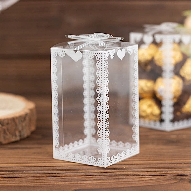 25 Rectangular Favor Boxes with Bowknot and Lace Pattern - Clear and White BOX_2X2X4_CLR