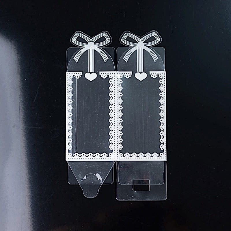 25 Rectangular Favor Boxes with Bowknot and Lace Pattern - Clear and White BOX_2X2X4_CLR