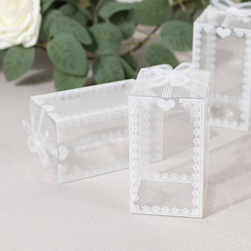 25 Rectangular Favor Boxes with Bowknot and Lace Pattern - Clear and White BOX_2X2X4_CLR