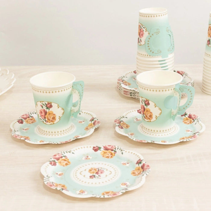 25 Rose Floral Print Paper Cups and Saucers Set - Disposable Tableware