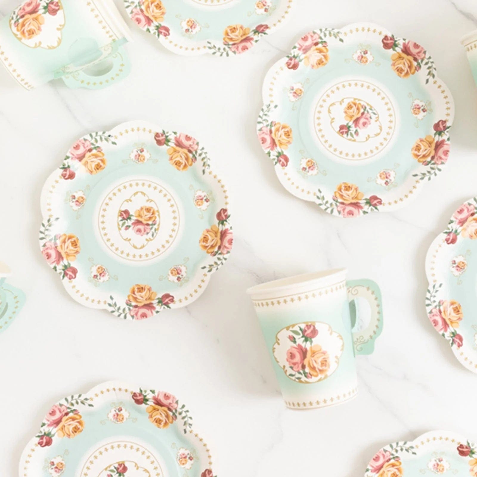 25 Rose Floral Print Paper Cups and Saucers Set - Disposable Tableware