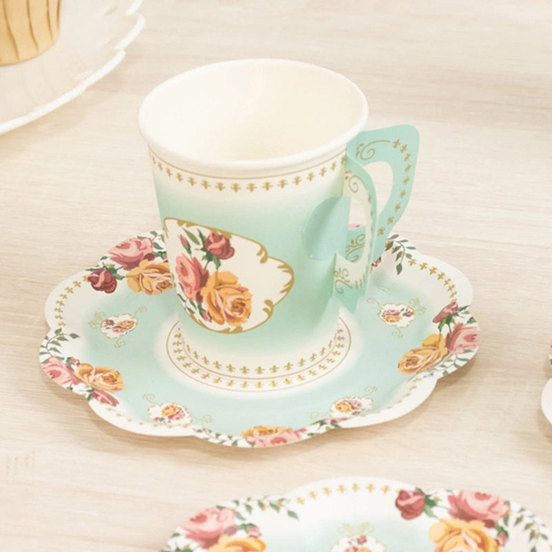 25 Rose Floral Print Paper Cups and Saucers Set - Disposable Tableware