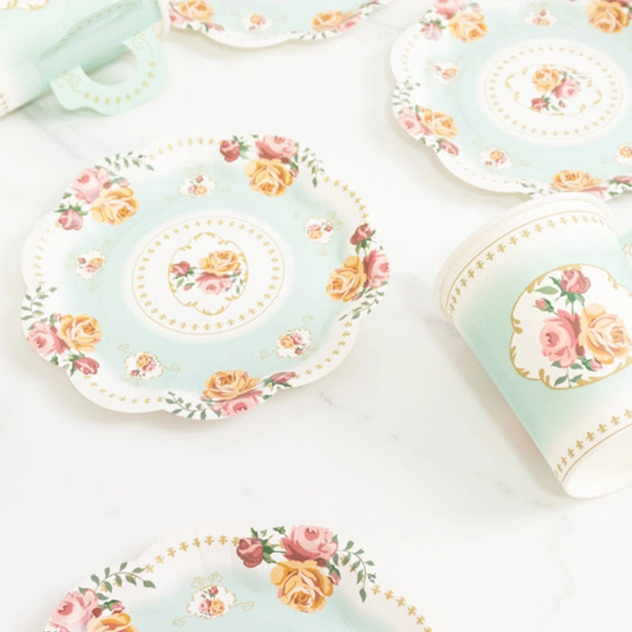 25 Rose Floral Print Paper Cups and Saucers Set - Disposable Tableware