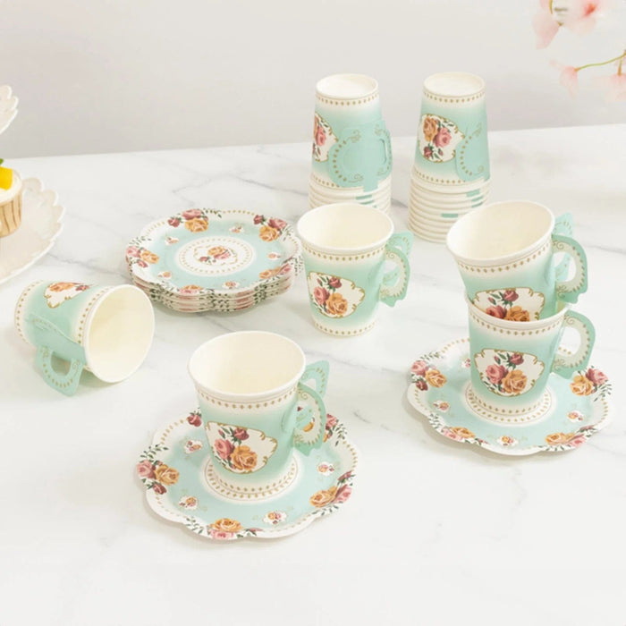 25 Rose Floral Print Paper Cups and Saucers Set - Disposable Tableware