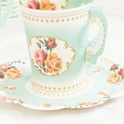 25 Rose Floral Print Paper Cups and Saucers Set - Disposable Tableware