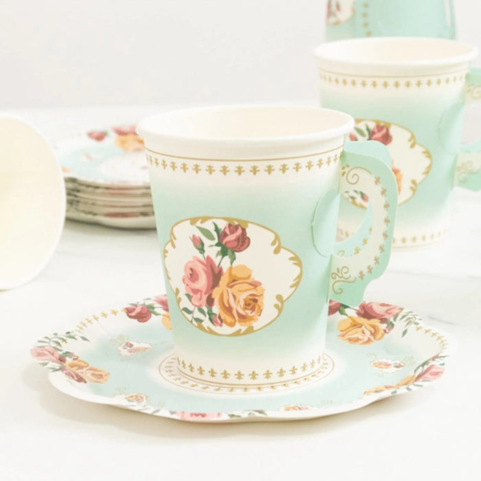 25 Rose Floral Print Paper Cups and Saucers Set - Disposable Tableware