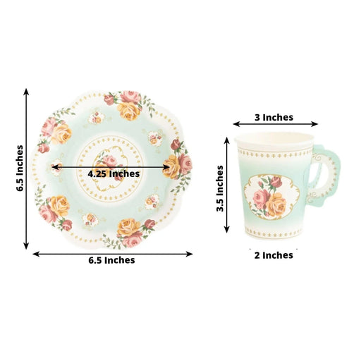 25 Rose Floral Print Paper Cups and Saucers Set - Disposable Tableware