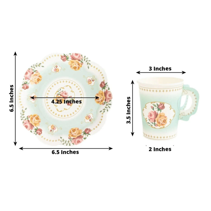25 Rose Floral Print Paper Cups and Saucers Set - Disposable Tableware
