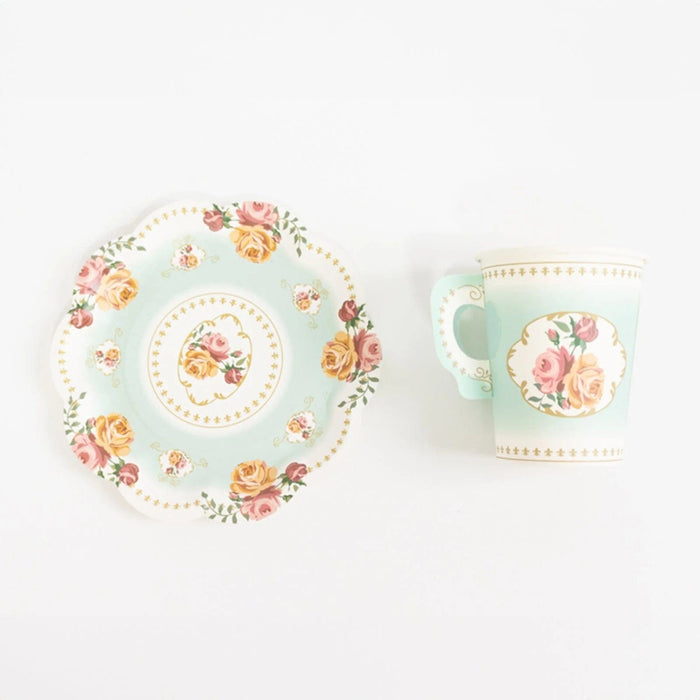 25 Rose Floral Print Paper Cups and Saucers Set - Disposable Tableware