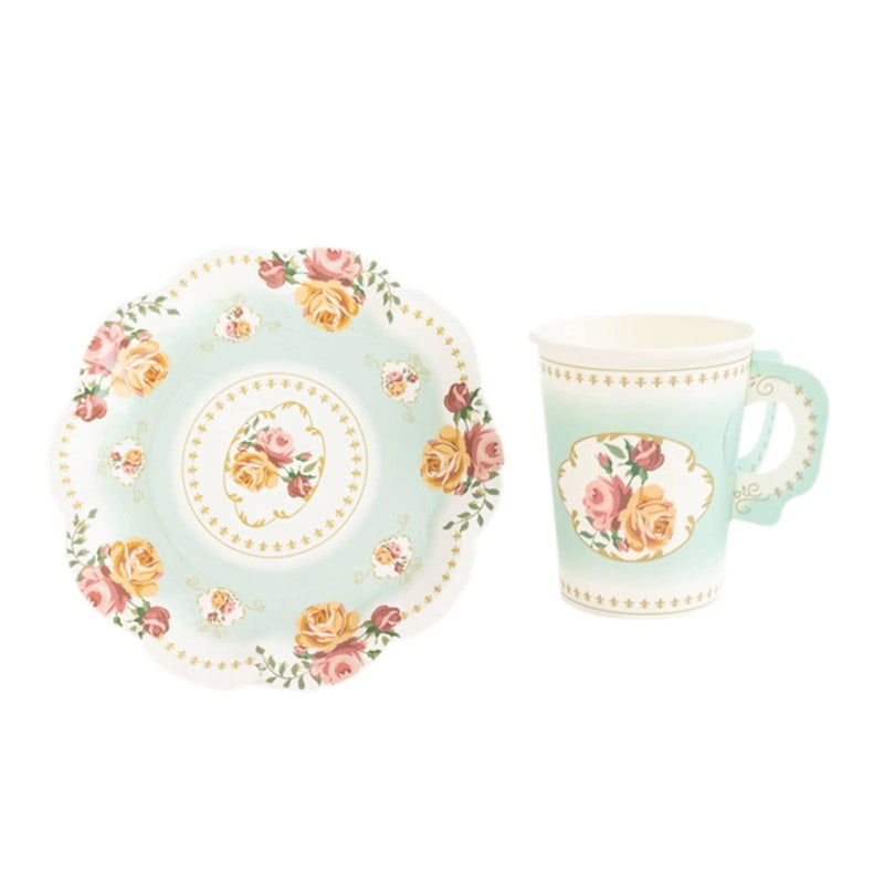 25 Rose Floral Print Paper Cups and Saucers Set - Disposable Tableware