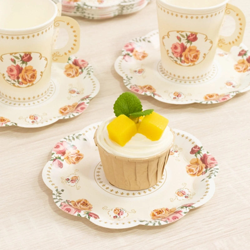 25 Rose Floral Print Paper Cups and Saucers Set - Disposable Tableware