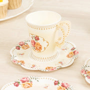 25 Rose Floral Print Paper Cups and Saucers Set - Disposable Tableware