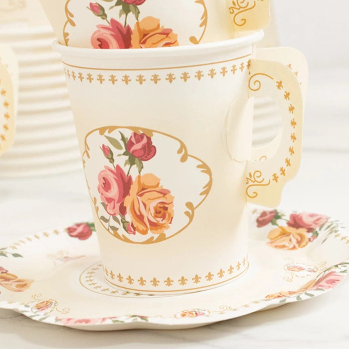 25 Rose Floral Print Paper Cups and Saucers Set - Disposable Tableware