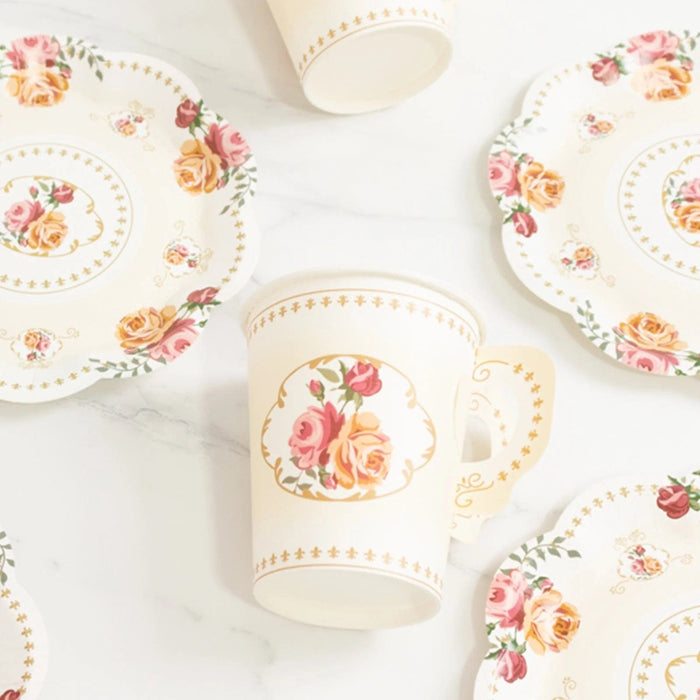25 Rose Floral Print Paper Cups and Saucers Set - Disposable Tableware