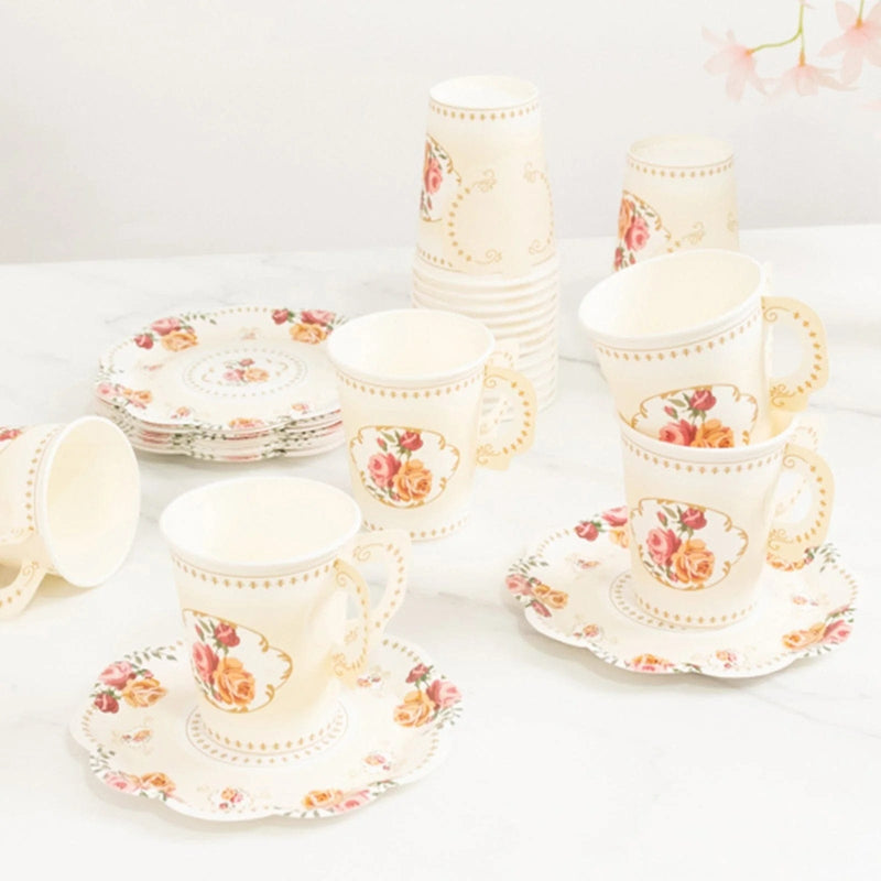 25 Rose Floral Print Paper Cups and Saucers Set - Disposable Tableware