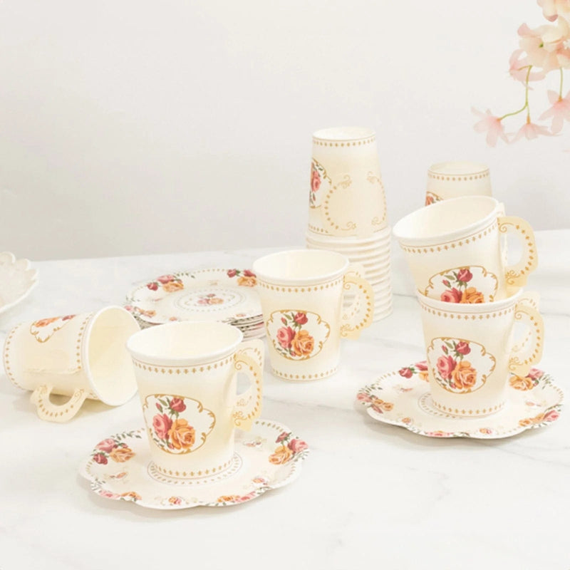25 Rose Floral Print Paper Cups and Saucers Set - Disposable Tableware