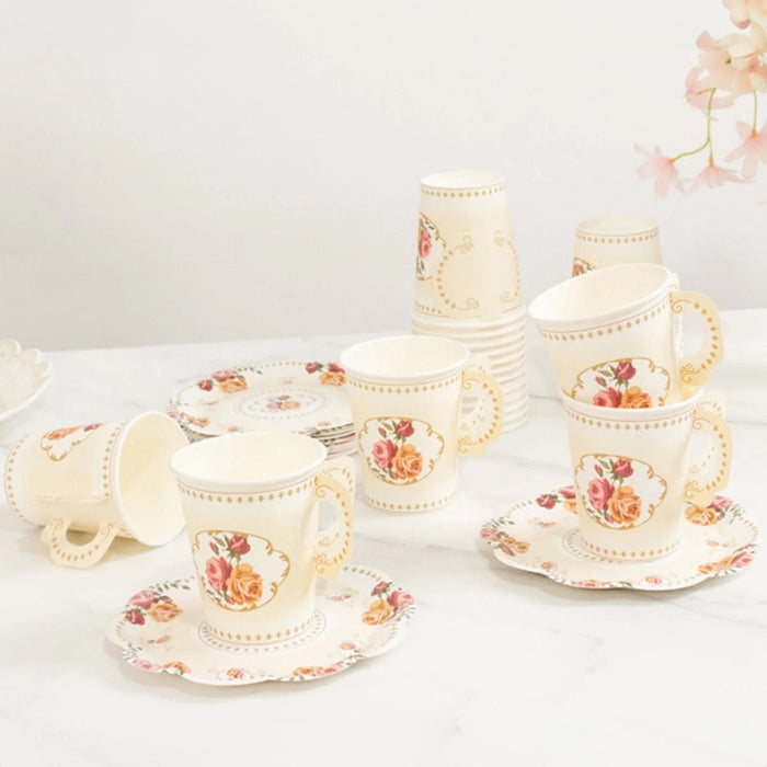 25 Rose Floral Print Paper Cups and Saucers Set - Disposable Tableware