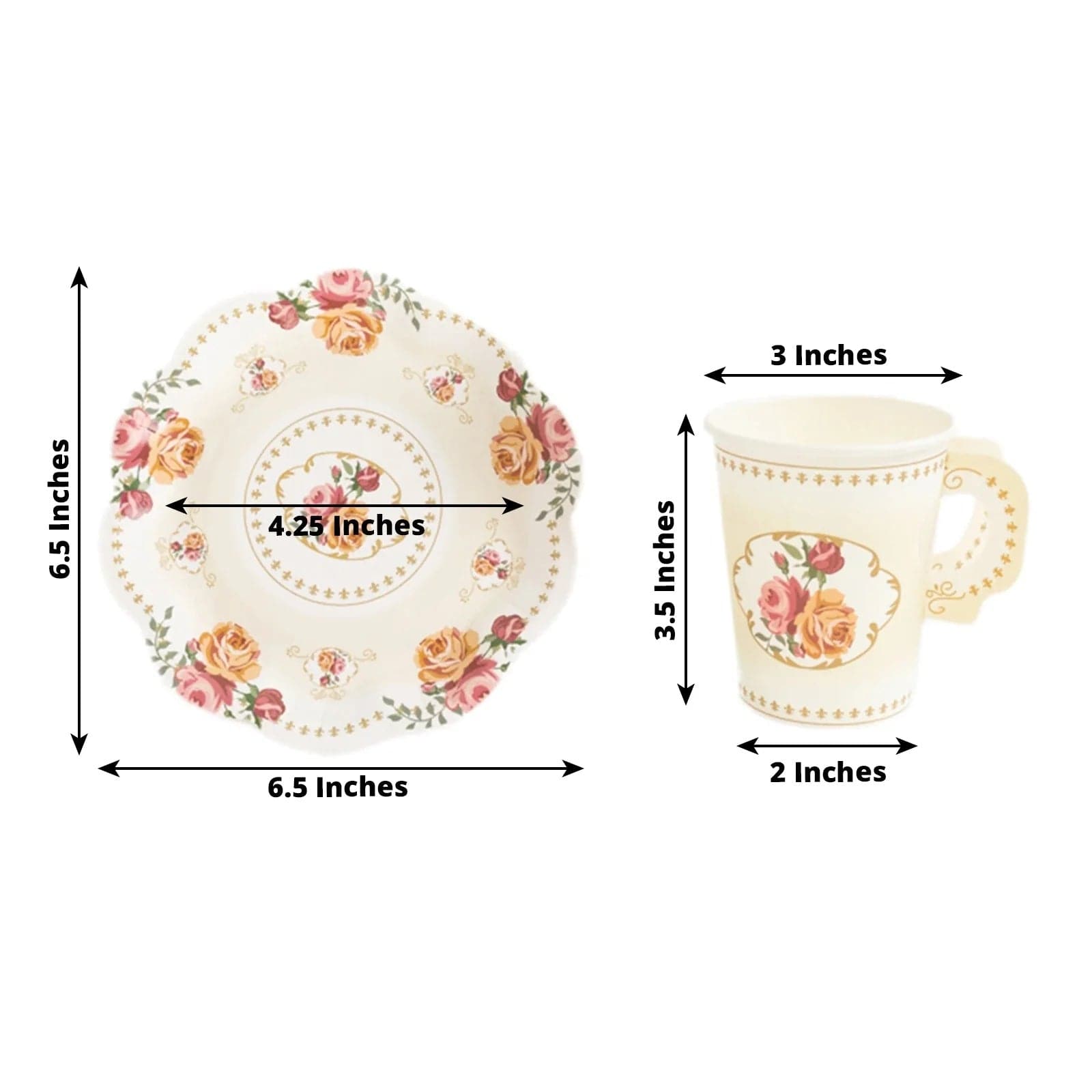 25 Rose Floral Print Paper Cups and Saucers Set - Disposable Tableware