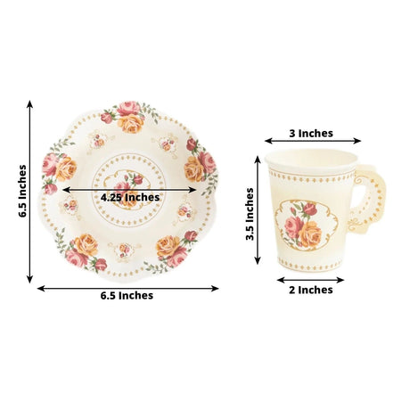 25 Rose Floral Print Paper Cups and Saucers Set - Disposable Tableware